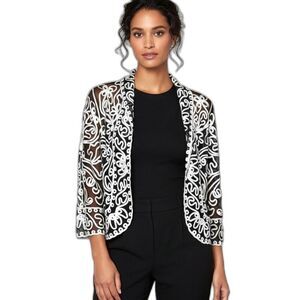 Weavz Sheer Black White Ribbon Swirl Abstract Open Front Dressy Bolero Jacket